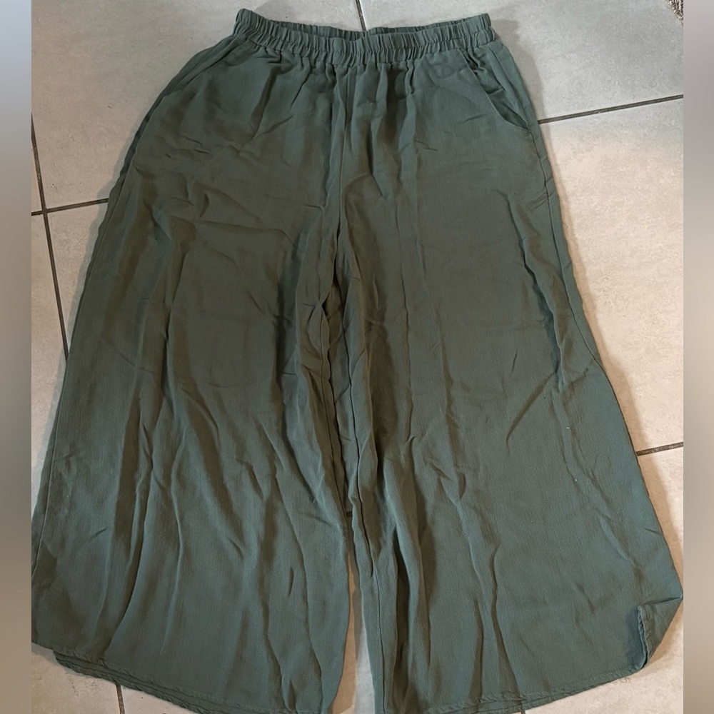 Flowy Green Wide-Leg Pants | Boho Casual Elastic Waist | Size 10